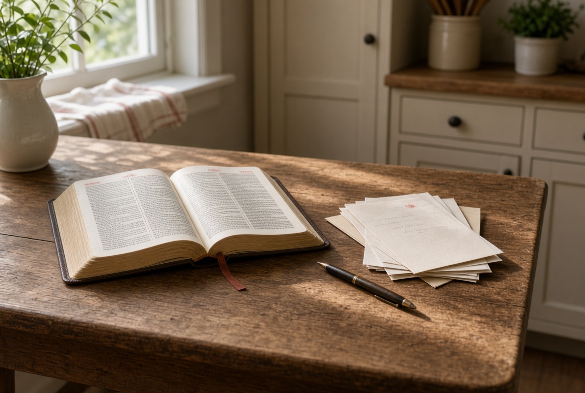 Open missal, pen, and papers on a wooden table in natural morning light